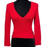 Express Red Cropped V-Neck Tie Back Stretch Knit Sweater Top Size Medium