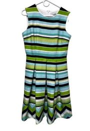 Sandra Darren SIZE 10 Dress Fit & Flare Zip‎ Back Blue White Green Shift 320403