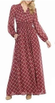 Gal meets glam Robyn maroon plaid long sleeve maxi dress size 0