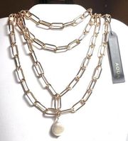 NEW 34" PAPERCLIP NECKLACE Gold Plate & Pearl Aqua Bloomingdales Double Strand