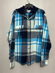 Abound Mens Shirt Jacket Blue Plaid Flannel Button Hooded Flap Pockets XL New