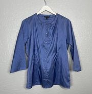 Eileen Fisher Women M Blue Silk Blouse Button Front Round Neckline 3/4 Sleeve