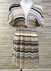 Silk Blend Faux Wrap Dress Womens Size S Tan Black Striped