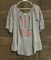 Umgee Boho Blouse Floral Embroidered Off Shoulder Ruffle Gray Sz M Peasant Top