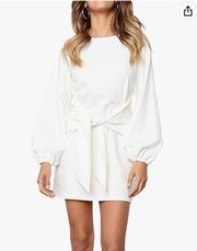 PRETTYGARDEN White Long Lantern Sleeve Short Dress Crewneck Tie Waist