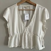 ROXY Ivory Textured Cropped Top Short Sleeve V Neck Peplum hem NEW Size XL