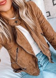 Free People Jacket Fenix Faux-Leather Suede Moto Belt Cropped Camel S GUC