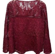 Laundry by Shelli Segal Lace Burgundy Peasant Bell Sleeve Blouse Large