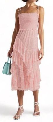 ALICE + OLIVIA Jocelyn Smocked Midi Dress English Rose Pink Square Neck sz 6