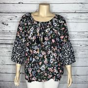 DG2 Diane Gilman Size XL Boho Floral Print Bell Sleeve Peasant Blouse Top