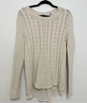 Cabi women’s medium Sweater Ivory Long Sleeve Pullover Cable Knit Lace Up