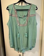Style & Co Embroidered Tasseled Knit Top Aqua Blue 1x