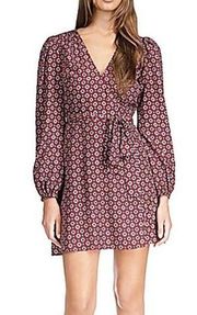 Michael Kors Womens Maroon Print Long Sleeve Surplice Neck Wrap Mini Dress L NWT