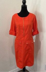 NWT Sharagano Front- Zip Cargo Pocketed tabbed Sleeved Orange Size 10 Dress