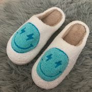 Women’s 8  Blue Smiley Lightning Bolt Preppy Soft Fleece Slippers NEW