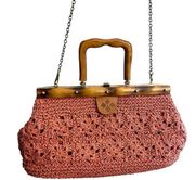 Patricia Nash Carmen SATCHEL HANDBAG Salmon Crochet Wood Leather Shoulder Chain