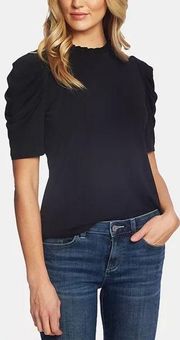 NWT CeCe Rich Black Short Puff-Sleeve Ruffled-Neck Knit Top (M)