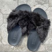 Victorias Secret PINK Black Fuzzy Slipper Slides