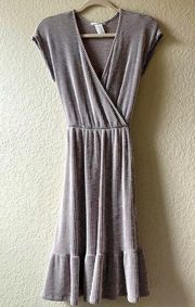 Wrap Style Dress Ribbed Summer M boho minimalist wedding neutral v-neck, ruffle