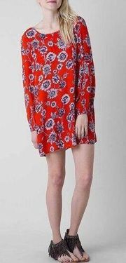 Dress Red Long Sleeve Floral Rayon Flowy Bohemian Small Indie