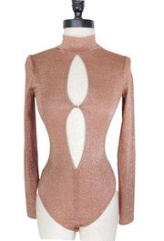 House of CB metallic bodysuit top Concha pink keyhole mock neck long sleeve  XS