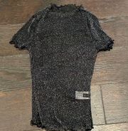 SheIn NWOT  black shiny frill hem short sleeve mesh shirt top tee size small s