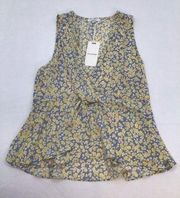 Pleione Womens Size Small Blue Yellow Floral Knotted Tank Top Blouse