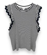 Crown & Ivy crew black white stripe ruffle short sleeve knit stretch top XXL NEW