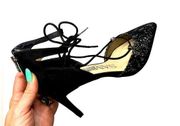 731-Sam & Libby Black Lace Strappy Ankle Tie Heels