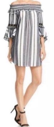 Misa Los Angeles Gray White Off-The-Shoulder Ruffled Striped Mini Dress