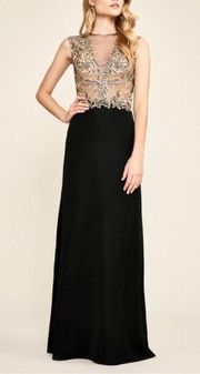 Tadashi Shoji Embroidered and Mesh Crepe Gown black & gold size 8