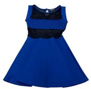 Gracia Dress Womens Medium Blue Black Colorblock Mesh Jeweled Fit Flare Mini