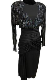 Casadei Vintage 80s Black Sheer Sequin Beaded Draped Glam Old Hollywood Dress