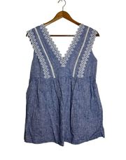 Isabel Maternity Blue Chambray Linen V-neck Boho Embroidered Top