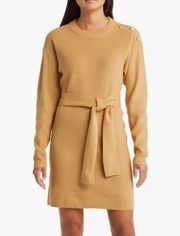 Charles Henry Long-Sleeve Belted Mini Sweater Dress  L Camel