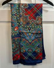 Vintage 90s Satin Silk Blend w/ Paisley & Plaid Print Bandana Scarf