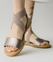 Sorel Ella Metallic Leather Strappy Sandals Flats Comfy Summer Shoes Brown 10