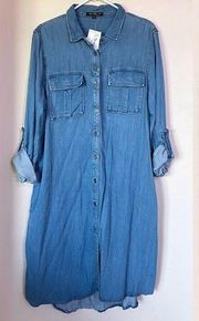 NWT  Denim Chambray Button Up Shirt Dress Roll Tab Sleeve M Tencel