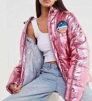 NWT Champion Pink Metallic Zip-Front Puffer Coat NASA Patches Unisex Size M