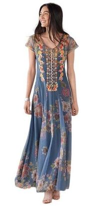 Johnny Was BIYA Les Fleurs Mesh Maxi Dress Embroidery Blue Size S