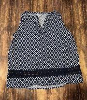 Crown & Ivy  Medium Navy Blue Arabesque V-Neck Sleeveless Tank