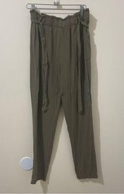 Dark Olive Green Casual Tie Waist Loose Fitting Pants Size Medium