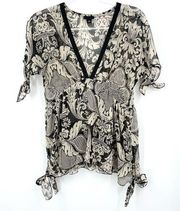 Anna Sui Target Floral Sheer V Neck Short Sleeves Blouse Top Size Small