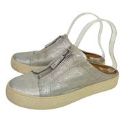 Frye Lena Slip On Mule Sneaker Size 7.5 Silver Metallic Zipper Leather Shoes