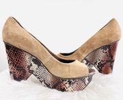 Calvin Klein 'Kainen' Tan & Faux Snakeskin Suede Block Wedge Heels ~ Size 8.5M