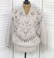 Vintage Su Lim Floral Embroidered Angora Sweater Taupe Pearl Embellished PM