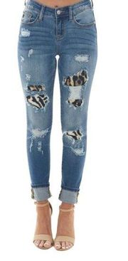 NEW Judy Blue Medium Wash Distressed Skinny Jeans With Leopard Patch Size 32”