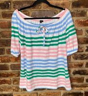 Talbots White Multicolored Striped Short Sleeve Tie Bust Top Women's Size Medium