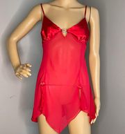 Lingerie Red Handkerchief Style Sheer with Crystal Heart at Bust Size Large