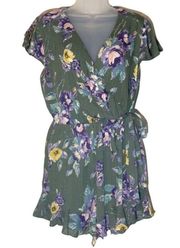 Blue Rain Green Floral Romper Tie Belt Vneck XL